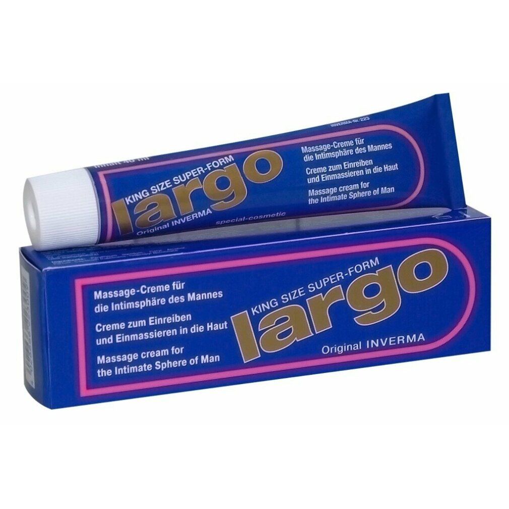 Blau-weiße Tube und Schachtel. Aufschrift: Largo, Massage-Creme für Männer. Inhaltsangabe.