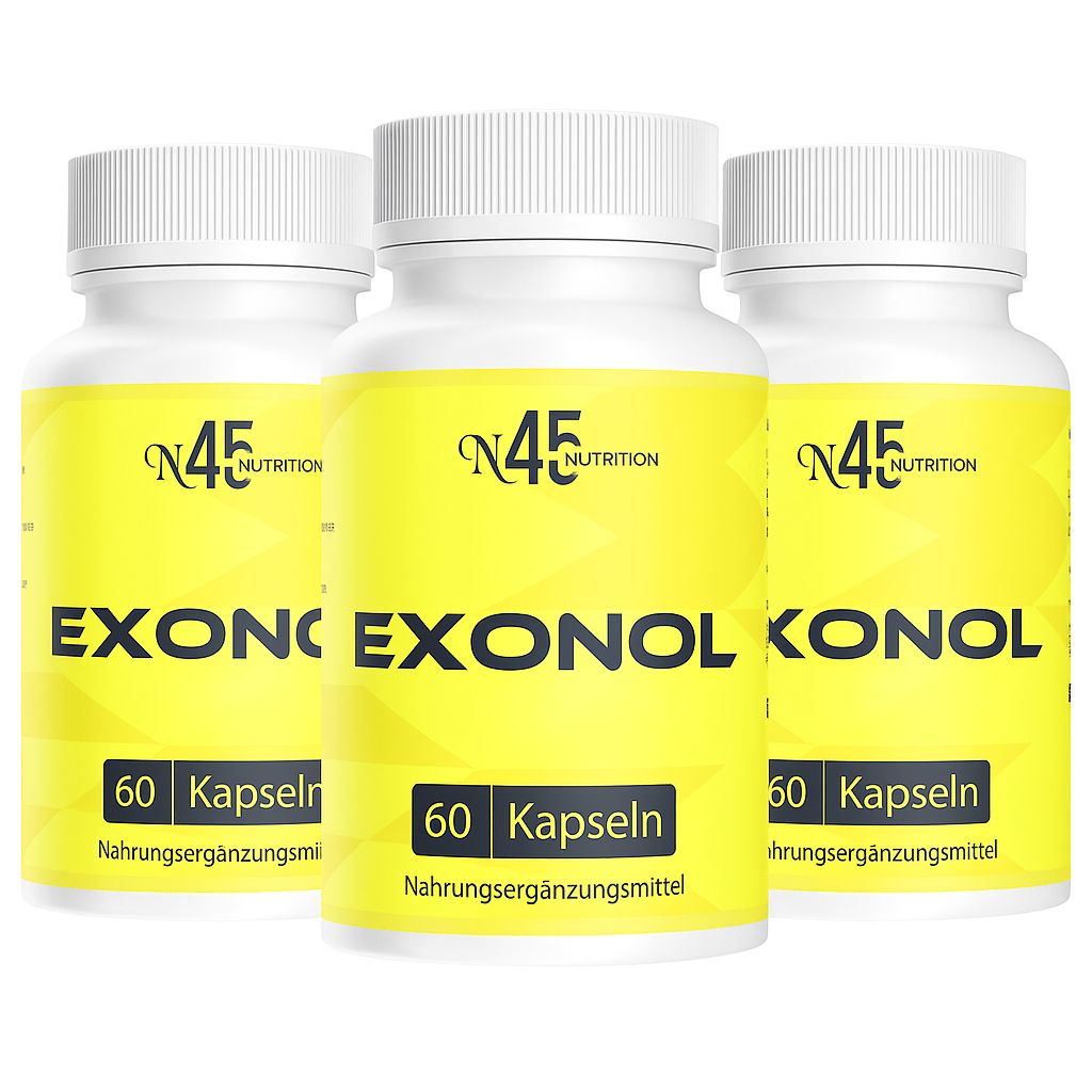 Drei weiße Flaschen mit gelben Etiketten. Auf den Etiketten steht "EXONOL", "N45 Nutrition" und "60 Kapseln".