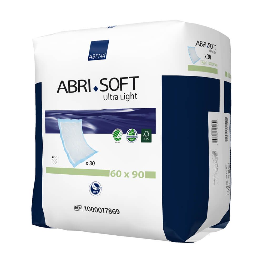 Verpackung Abri-Soft Ultra Light, 60 x 90 cm. Logo und Produktinformationen. Enthält 30 Stück. Zertifizierungen sichtbar.