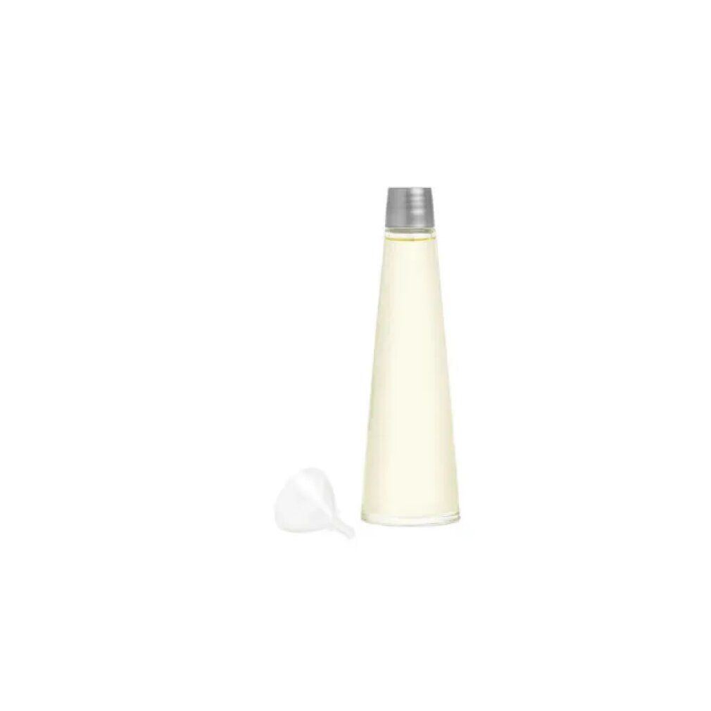Konisch geformte Flasche mit silbernem Deckel. Separater Trichter. Flüssigkeit sichtbar.