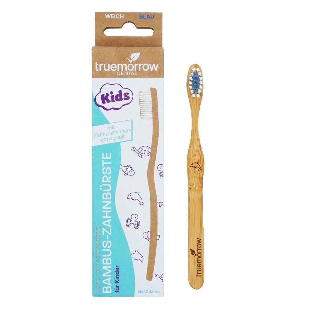 truemorrow Bambus-Zahnbürste für Kinder (mit Meerestier-Gravuren) Blau / Weich