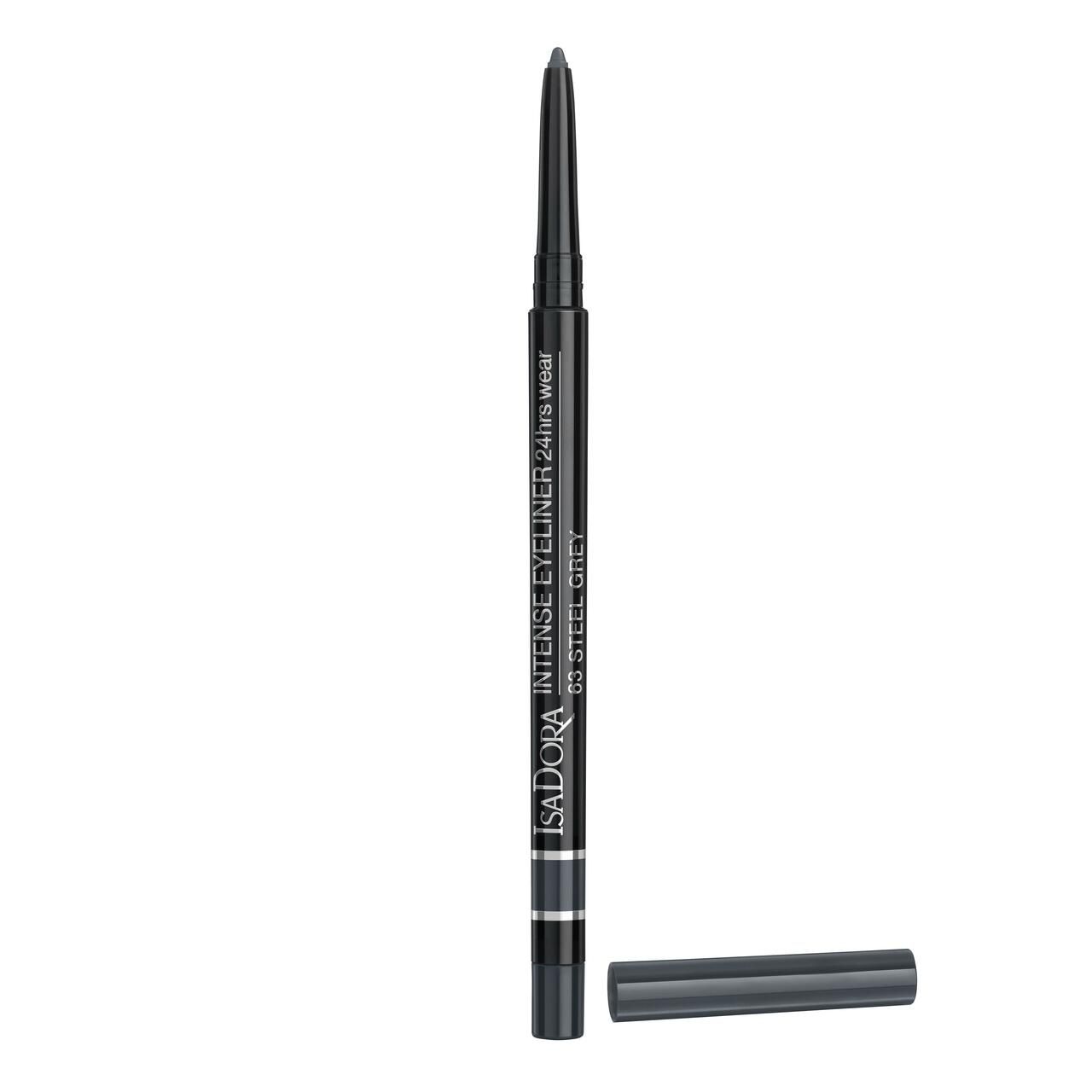 Schwarzer Eyeliner-Stift mit Kappe. Aufschrift: IsaDora Intense Eyeliner 24hrs Wear, 63 Steel Grey.