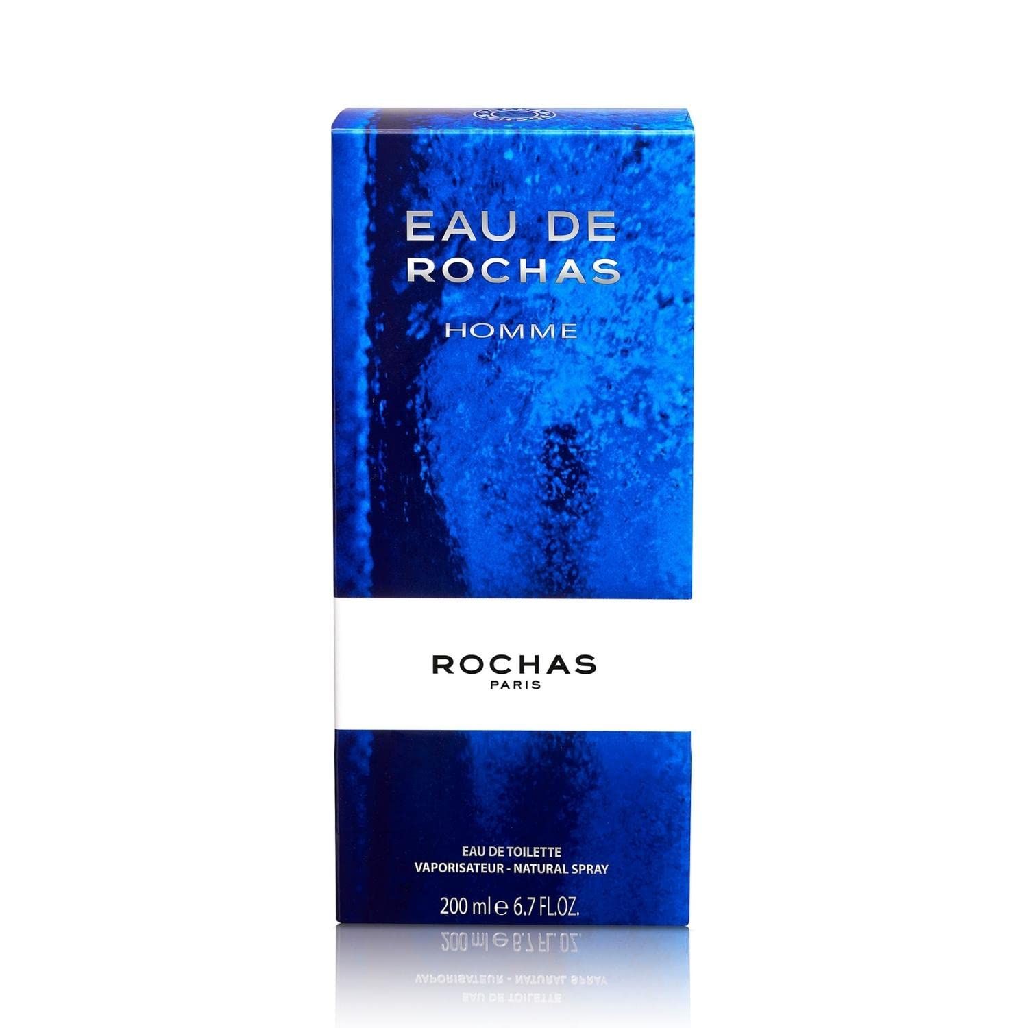 Blaue Verpackung mit weißem Streifen. Aufschrift: EAU DE ROCHAS HOMME. Darunter: ROCHAS PARIS. Unten: EAU DE TOILETTE.