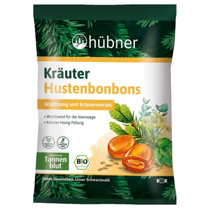 Verpackung mit Hustenbonbons. "Hübner"-Logo, "Kräuter Hustenbonbons"-Schriftzug, BIO-Siegel. Abbildung von Bonbons und Kräutern.