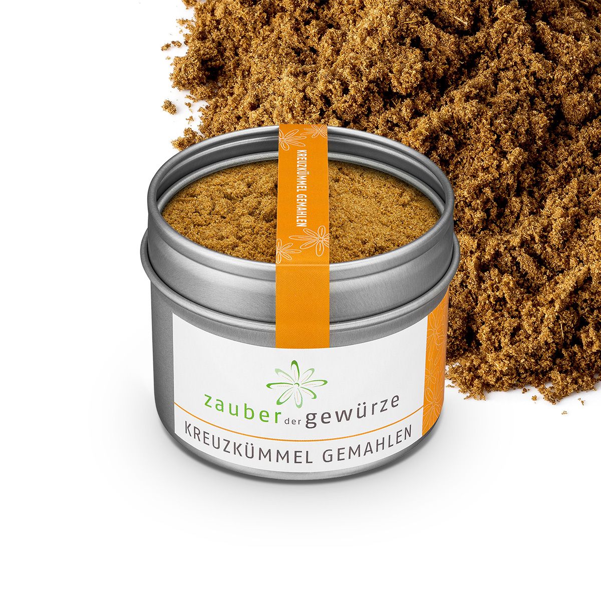 Gemahlener Kreuzkümmel in Dose. Orangefarbenes Etikett mit Produktnamen. Marke: Zauber der Gewürze.