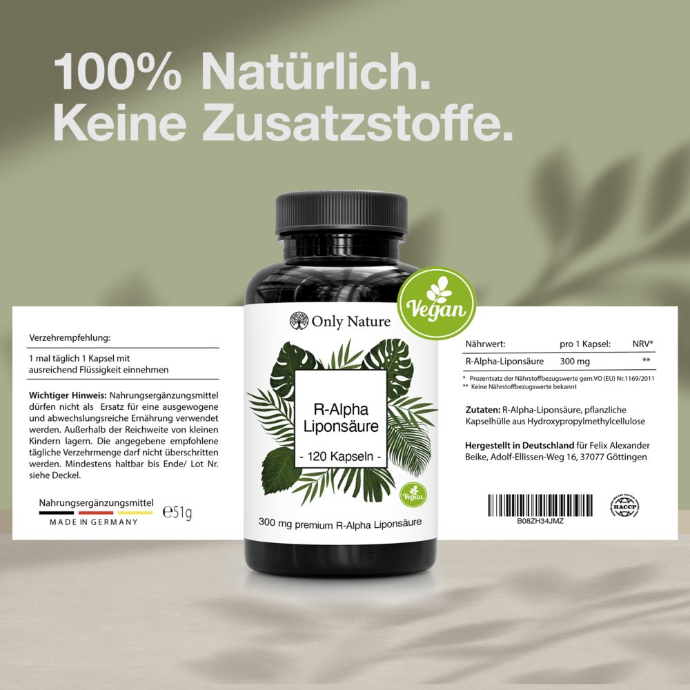 Flasche mit Kapseln und Etikett. Aufschrift: R-Alpha Liponsäure, 120 Kapseln. Text: 100% natürlich, keine Zusatzstoffe. Vegan-Siegel.