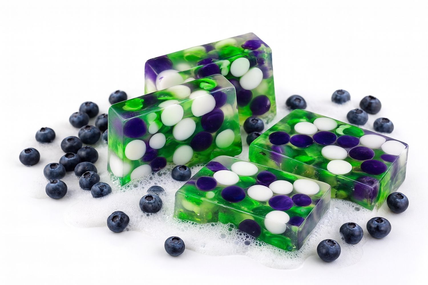 Vier Seifenstücke mit weißen, violetten und grünen Elementen. Blaubeeren liegen daneben. Auf weißem Untergrund.