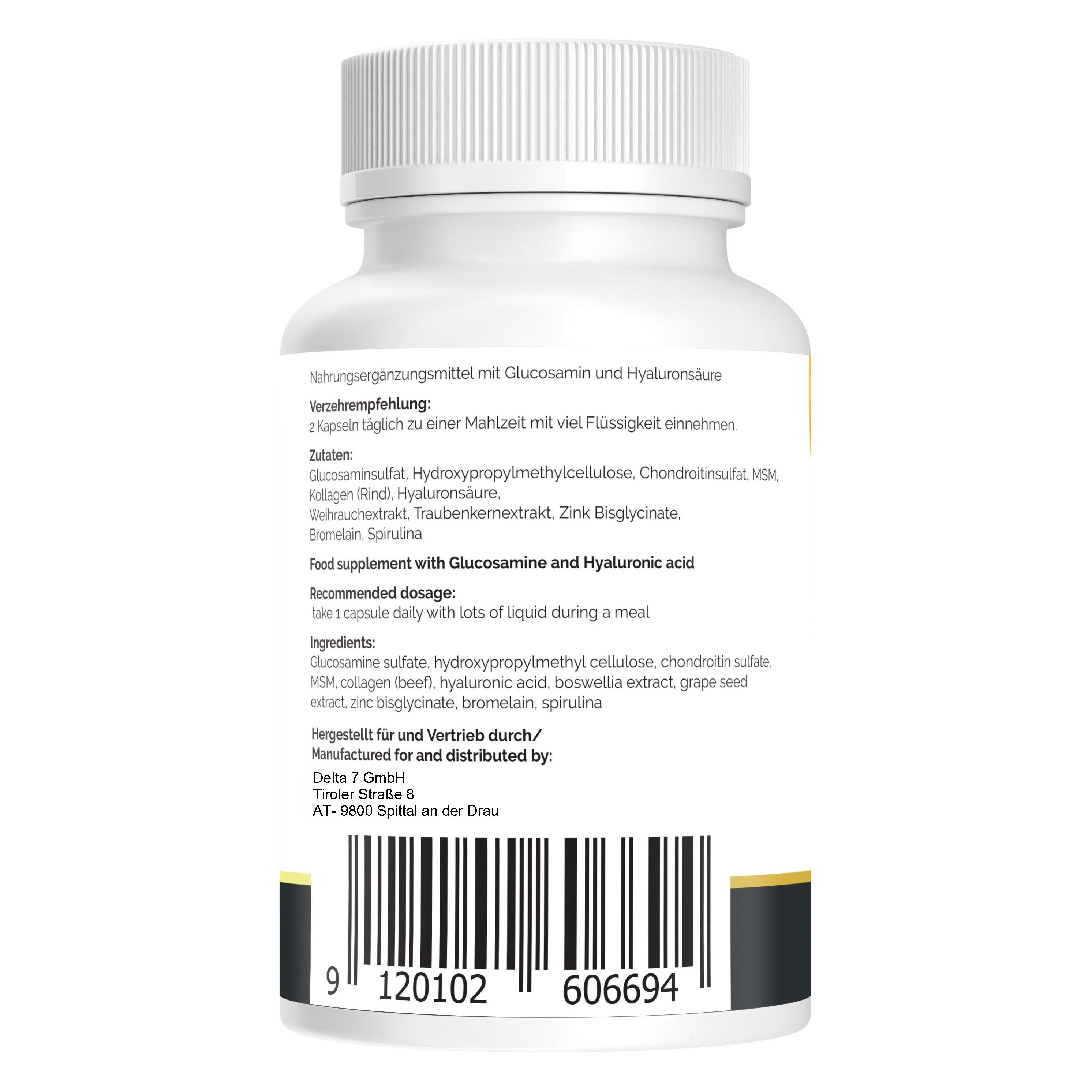 Rückseite einer weißen Pillenflasche. Zutatenliste und Nährwertangaben. Herstellerinformationen und Barcode.