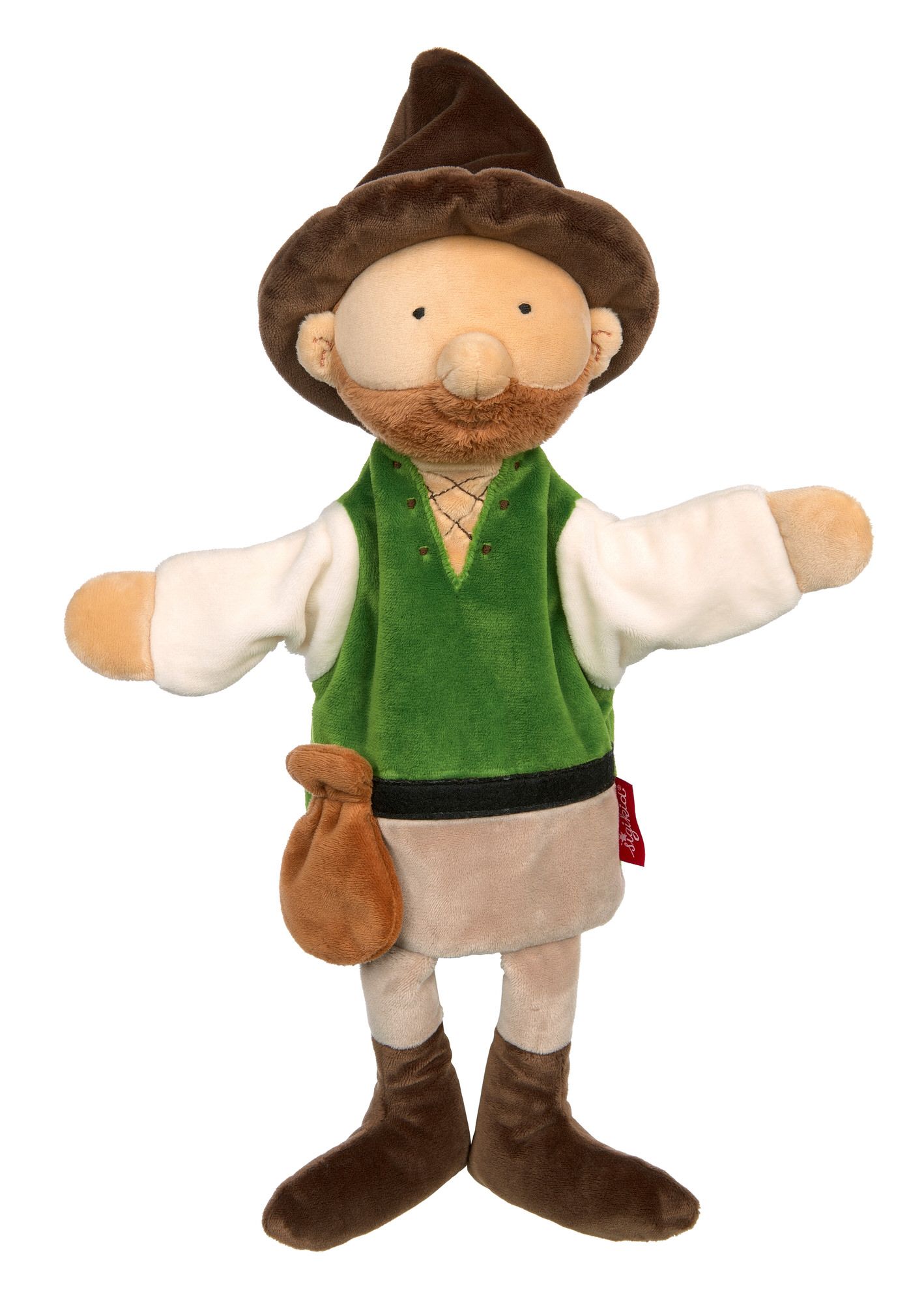 Handpuppe Räuber. Stoffpuppe mit braunem Hut, Bart und grüner Weste. Hat eine braune Tasche und Stiefel. Rotes Etikett.