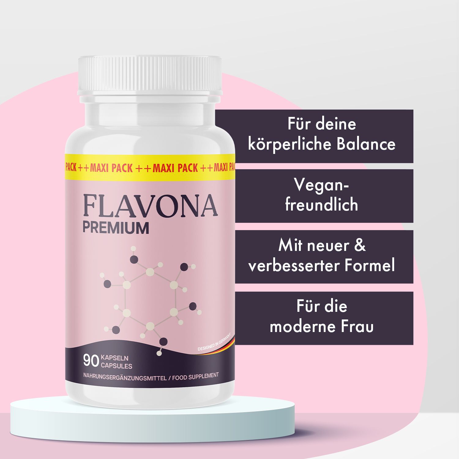 Weiße Flasche mit Kapseln. Aufschrift: Flavona Premium, 90 Kapseln. Text: Für deine körperliche Balance, vegan-freundlich.