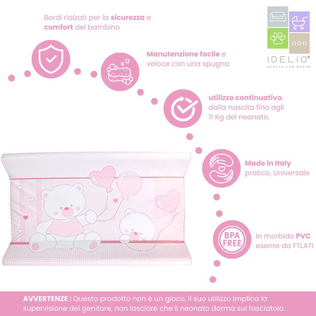 Fasciatoio rosa con orsetti e cuori. PVC, due sponde rialzate. Senza BPA. Logo IDELIO. Testo: 'Made in Italy'.