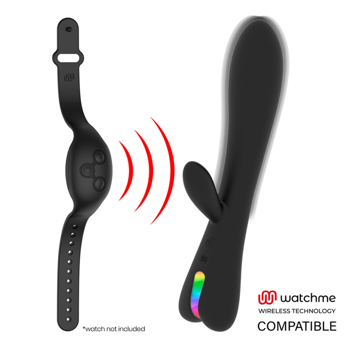 Schwarzer Vibrator mit gebogener Form und einem Armband mit Knöpfen. Das Produkt ist mit Wireless Technology kompatibel.