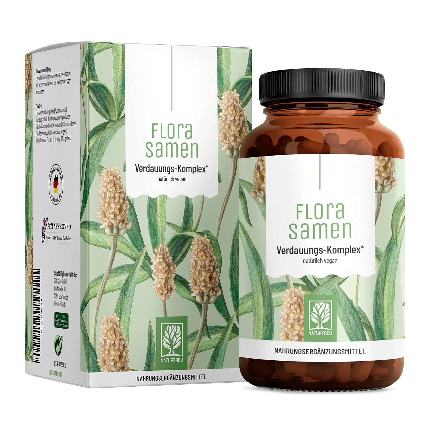 Flohsamenschalen-Komplex mit, Calcium, Fenchel & Süßholzwurzel- Florasamen - NATURTREU®