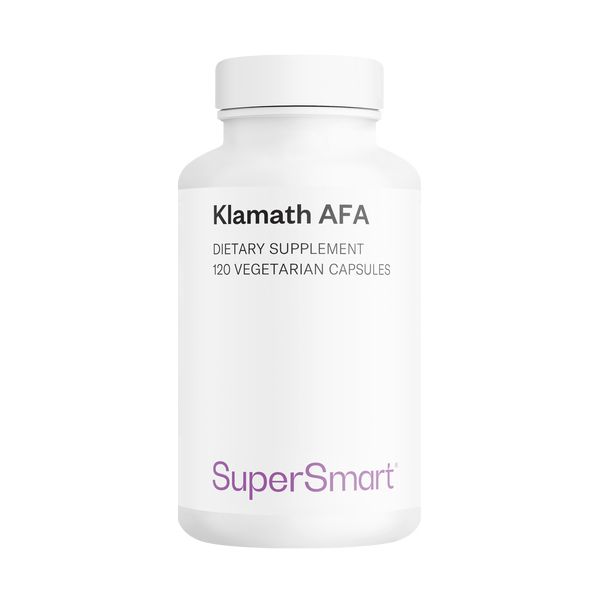 Weiße Flasche mit Klamath AFA, Nahrungsergänzungsmittel, 120 vegetarische Kapseln. SuperSmart Logo.