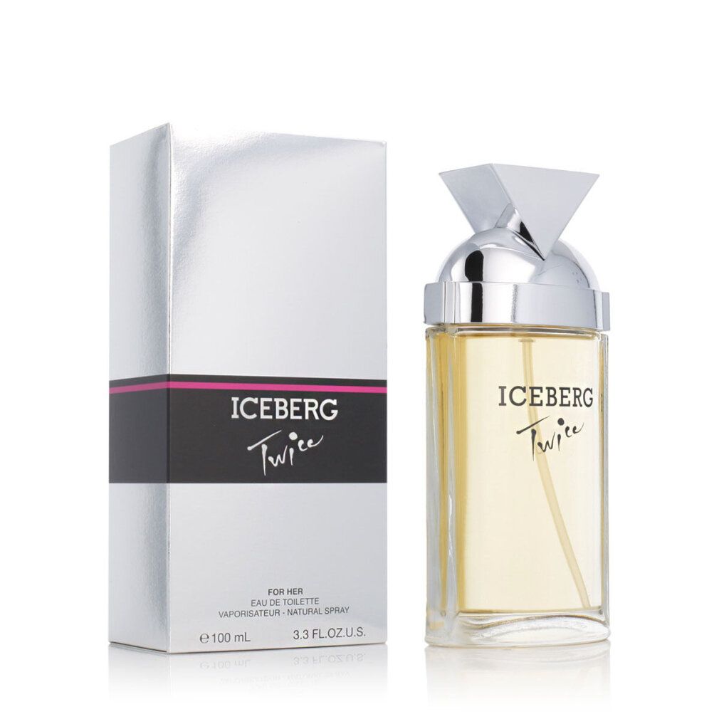 Iceberg Twice Damen Eau de Toilette. Flakon und Verpackung. Silberner Deckel und Logo.