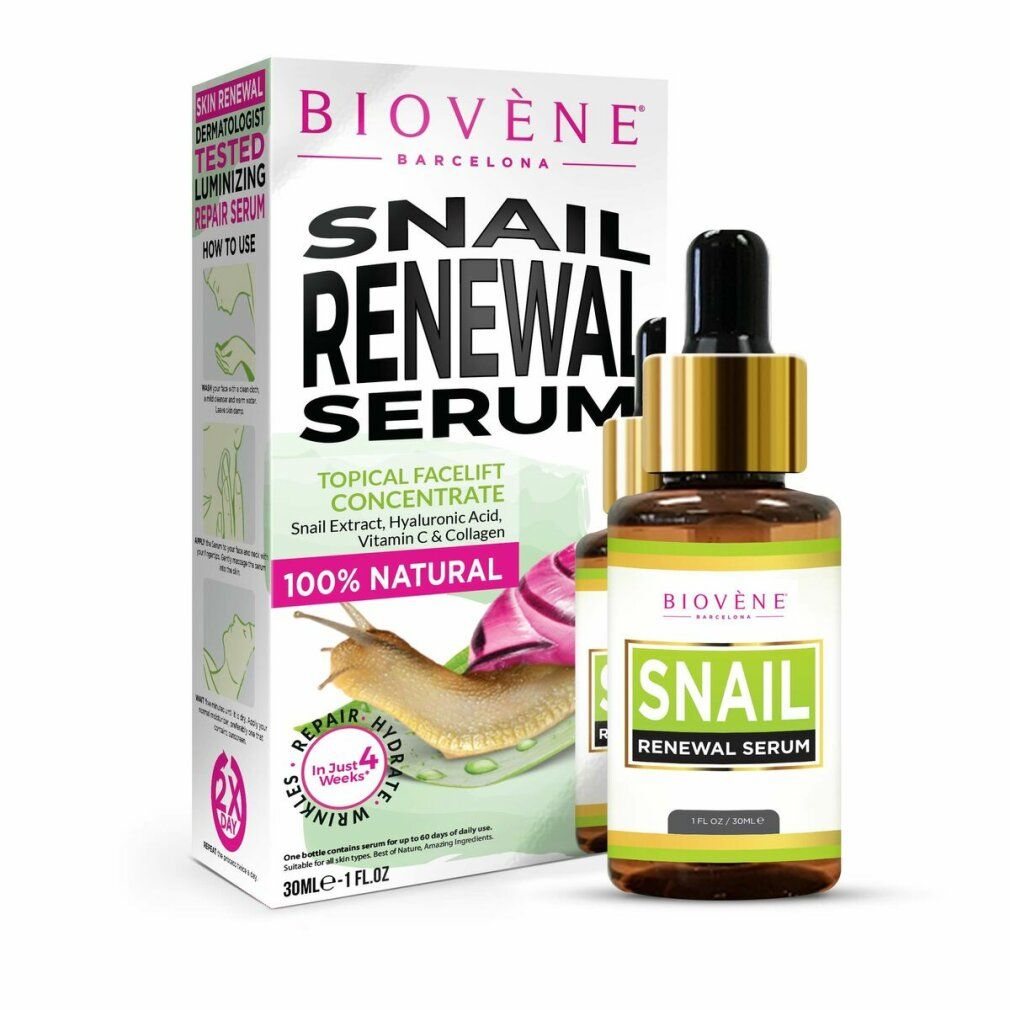 Serumflasche und Verpackung. Aufschrift: Biovene, Snail Renewal Serum. Enthält Schneckenextrakt, Hyaluronsäure, Vitamin C & Kollagen.