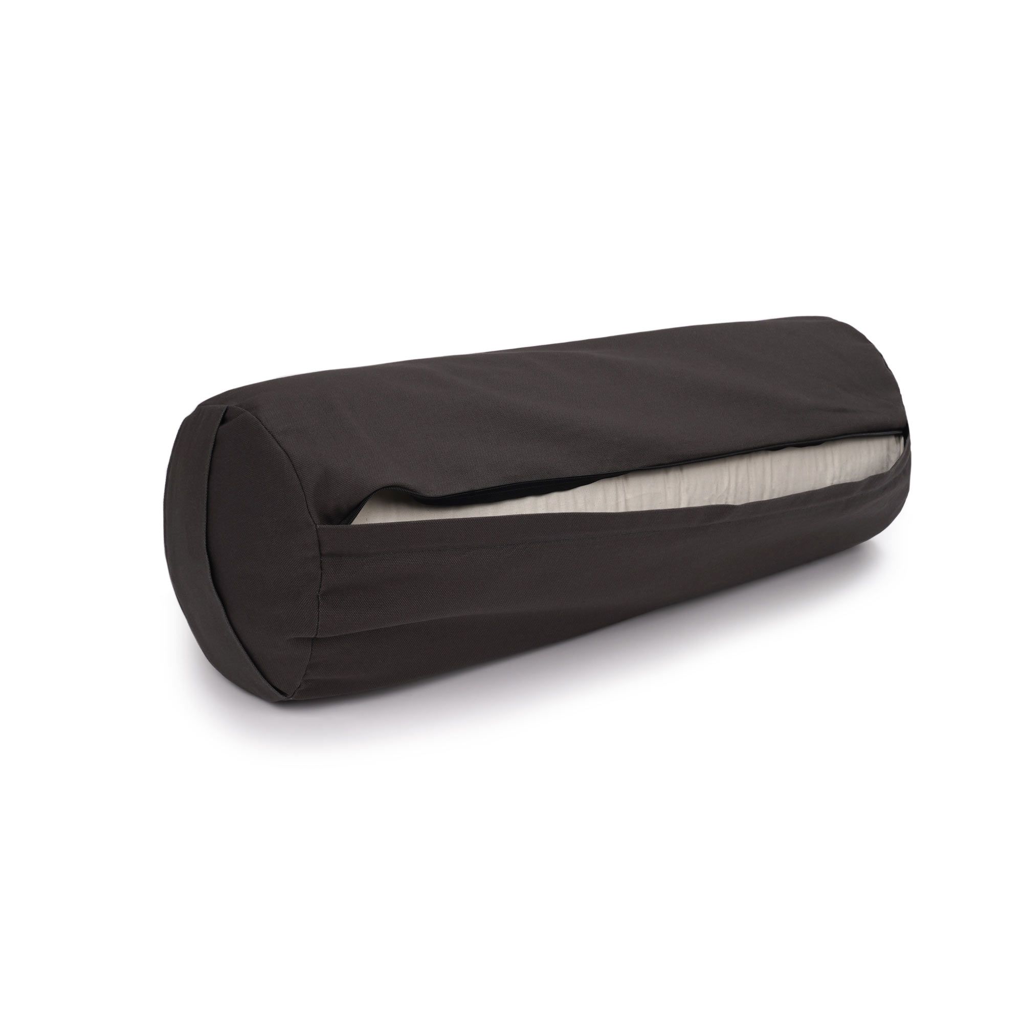 Anthrazitfarbenes Yoga Bolster, Bezug teilweise geöffnet, zeigt cremefarbenen Innenschlauch.