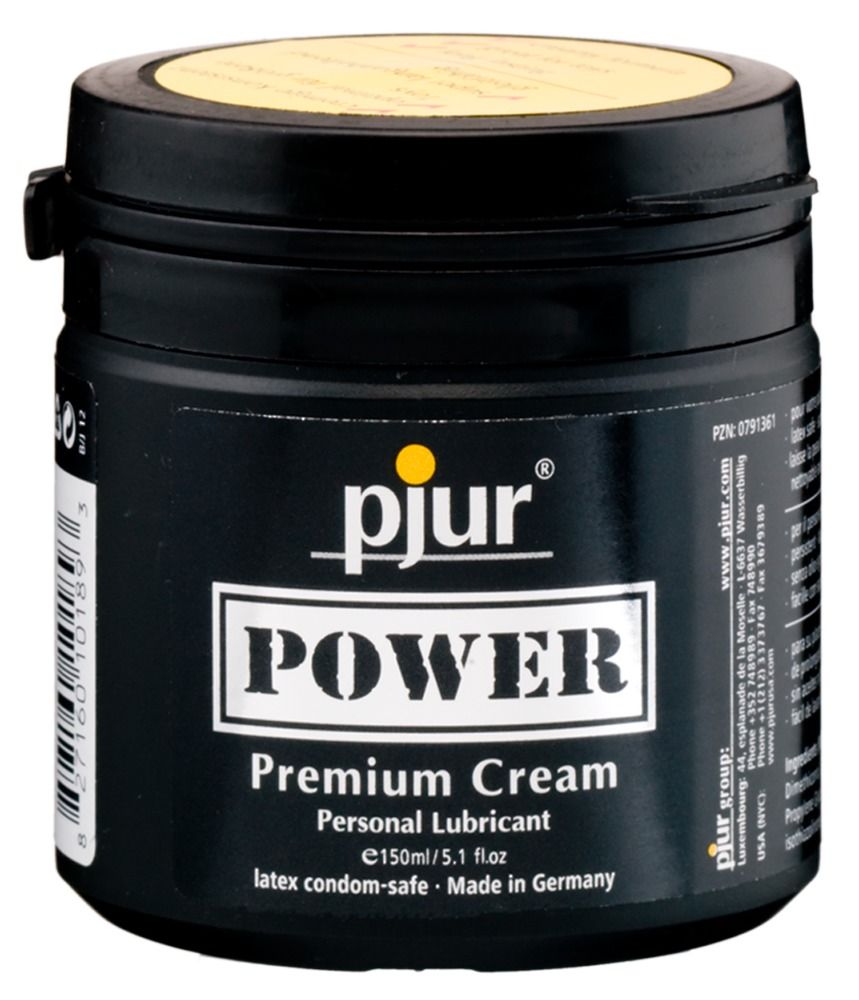 Schwarze Dose mit gelbem Deckel. Aufschrift: pjur, POWER Premium Cream, Personal Lubricant. 150ml/5.1 fl oz. Made in Germany.