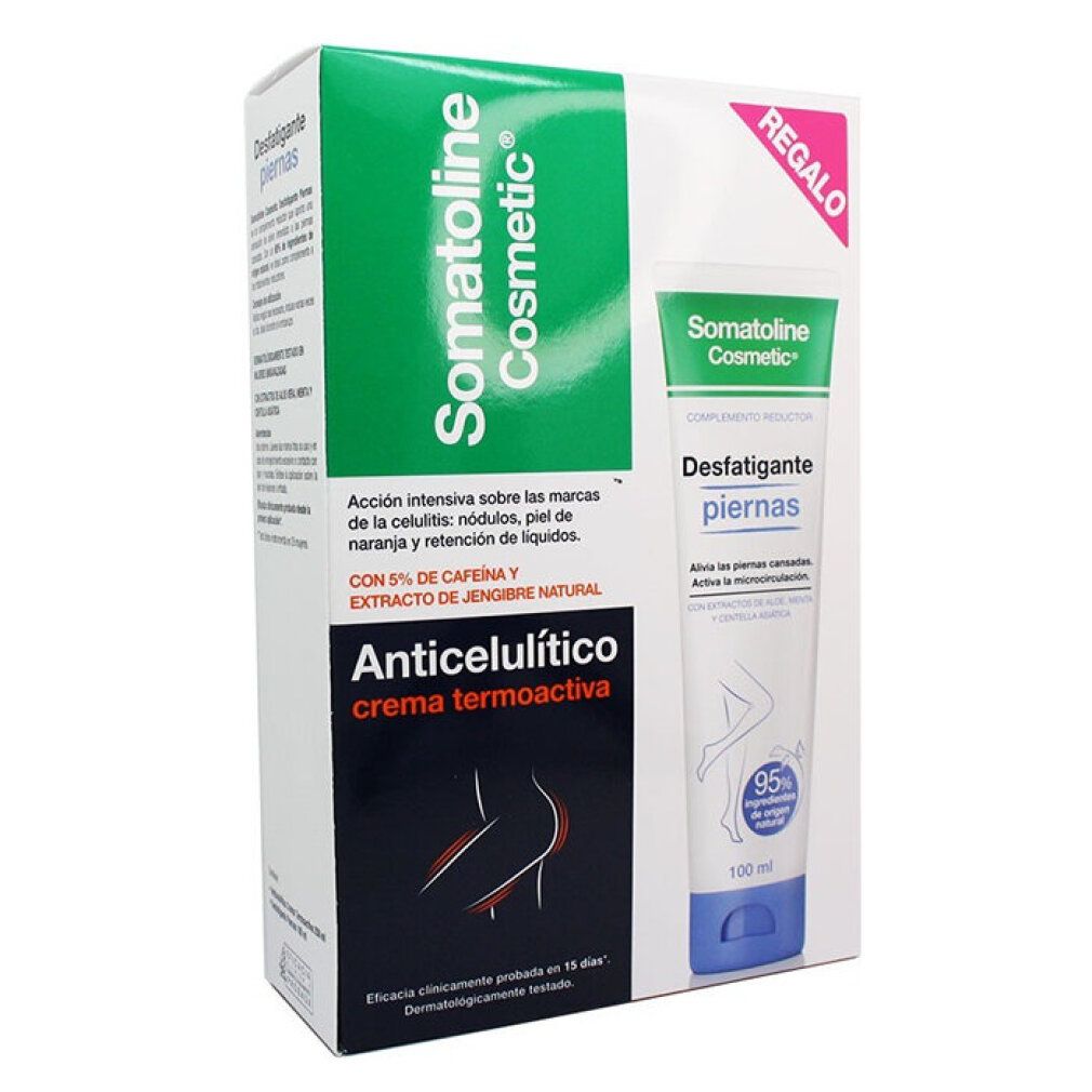 Verpackung mit Somatoline Cosmetic. Enthält Tube mit 'Anticellulítico crema termoactiva'. Text: 'Desfatigante piernas'. Geschenk-Etikett.