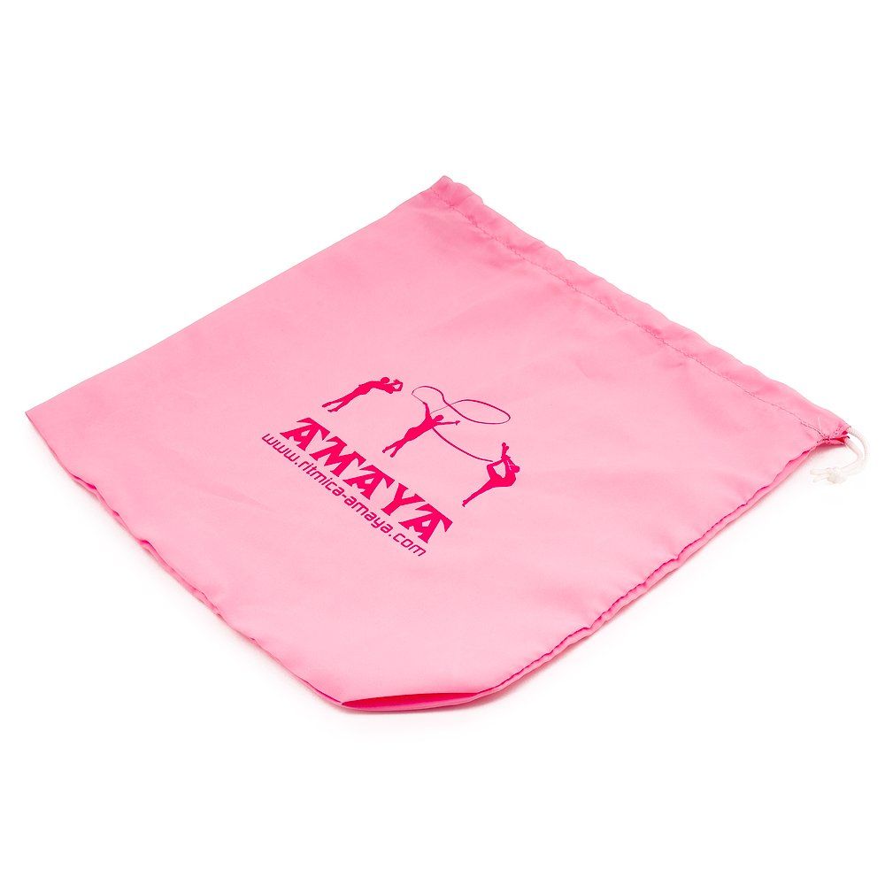 Rosa Aufbewahrungstasche mit Kordelzug. Logo: Amaya, Gymnastik-Silhouette, Website.