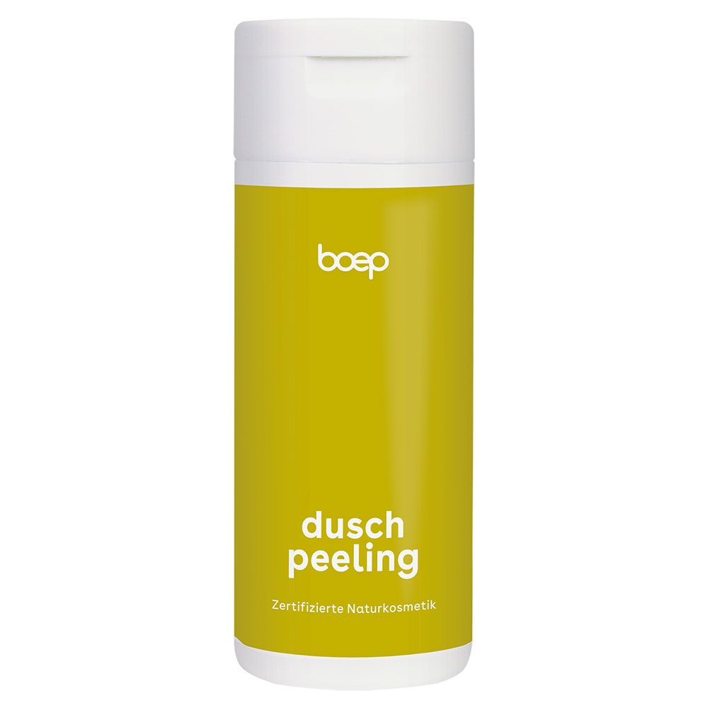 Zylindrische Flasche mit weißem Deckel. Aufschrift: boep, duschpeeling. Text: Zertifizierte Naturkosmetik.