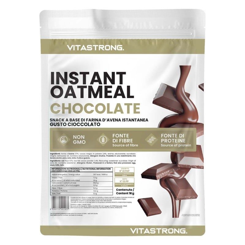 Beutel von Vitastrong Instant Oatmeal Schoko. Text: Instant Oatmeal Chocolate, Non GMO, Quelle für Ballaststoffe, Proteinquelle. 1 kg.