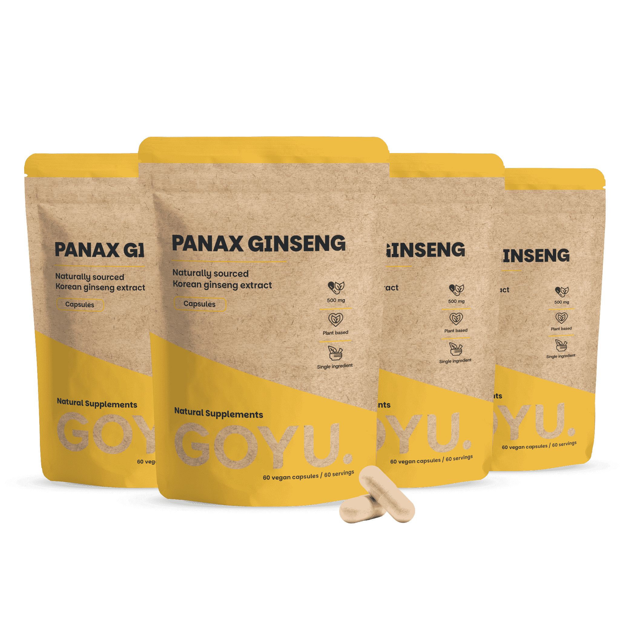 Vier braune Beutel mit Panax Ginseng Kapseln, vorne zwei Kapseln.