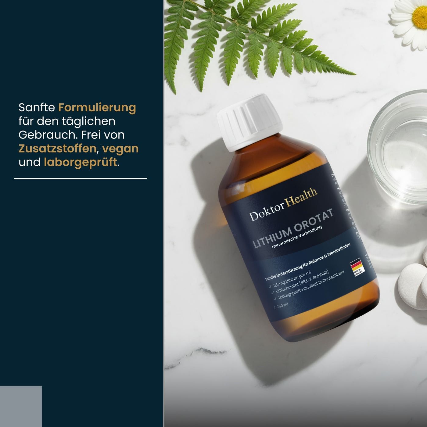 Braune Flasche Doktor Health Lithium Orotat auf weißem Marmor. Text: Sanfte Formulierung, vegan, laborgeprüft. Hintergrund: Wasser, Steine.