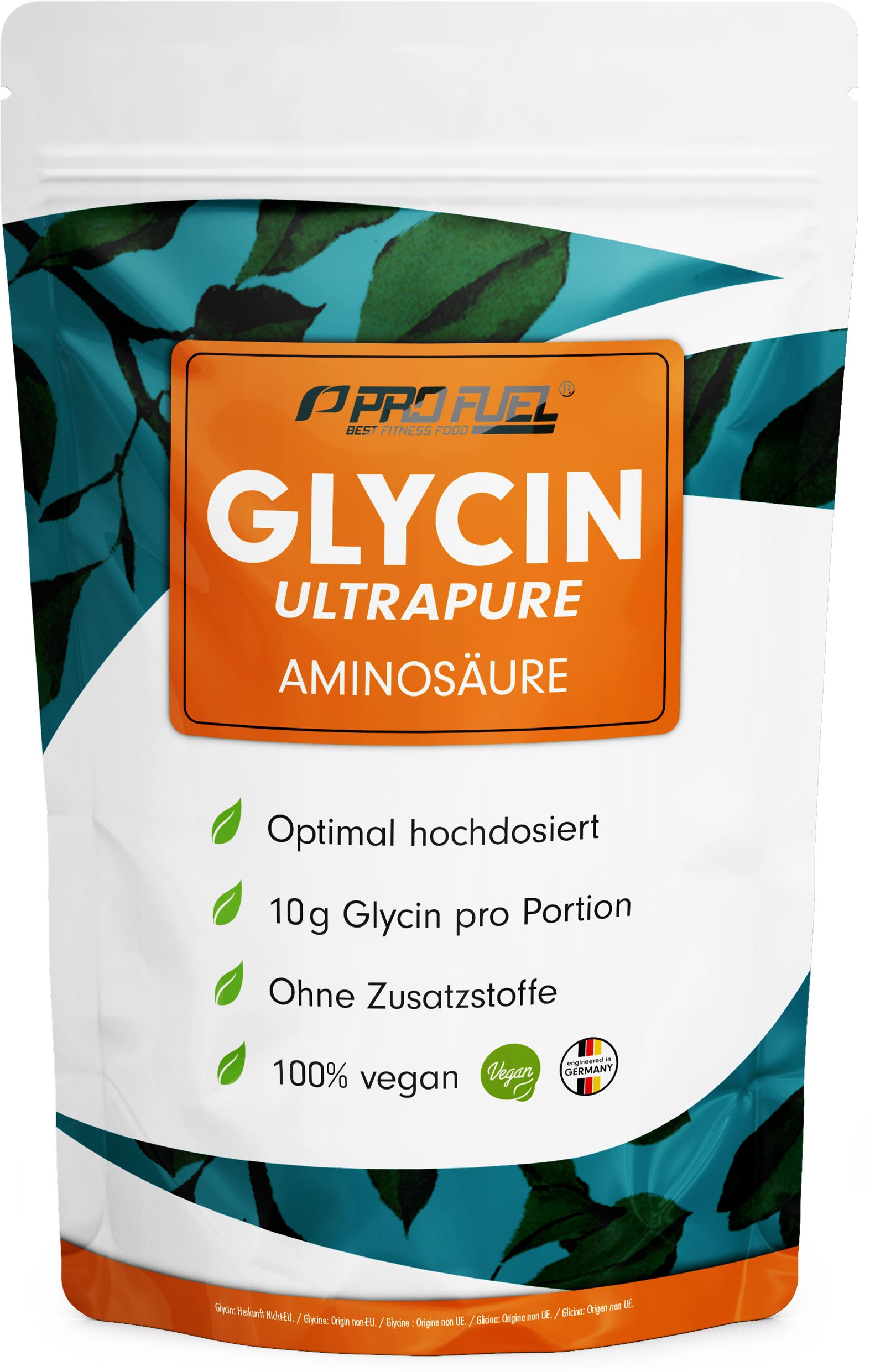 ProFuel Glycin Pulver Beutel mit Blattmuster. Zeigt 10g Glycin pro Portion, 100% vegan und laborgeprüft.