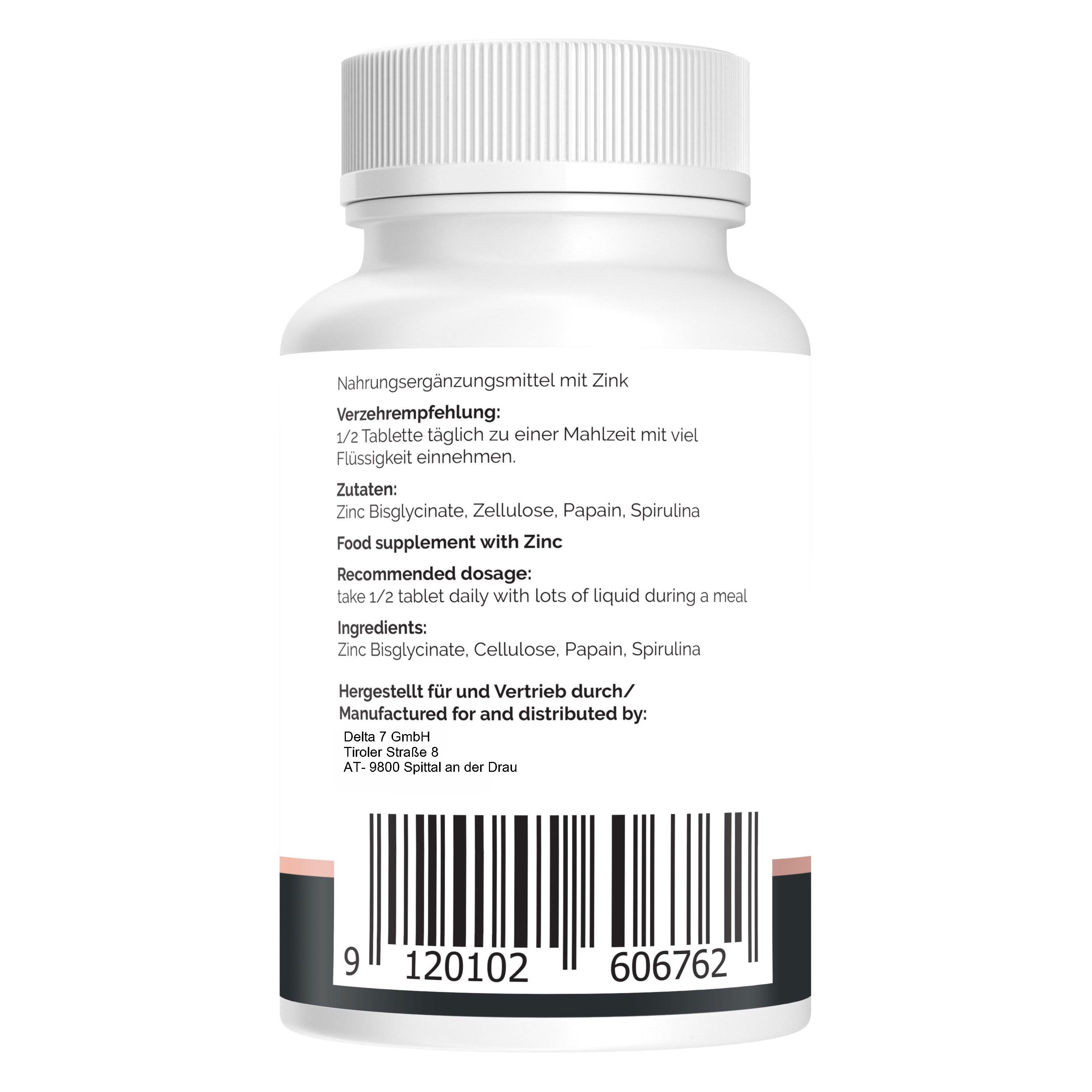 Rückseite der Flasche mit Natural PRO Zink. Zutaten, empfohlene Dosierung, Herstellerinformationen.