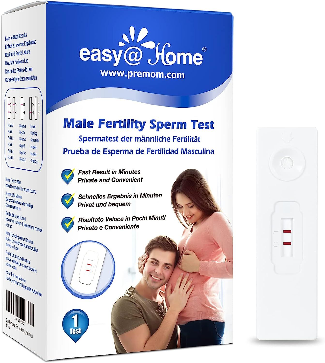 Verpackung und Teststreifen. Auf der Verpackung steht "easy@Home" und "Male Fertility Sperm Test". Ein Paar umarmt sich.