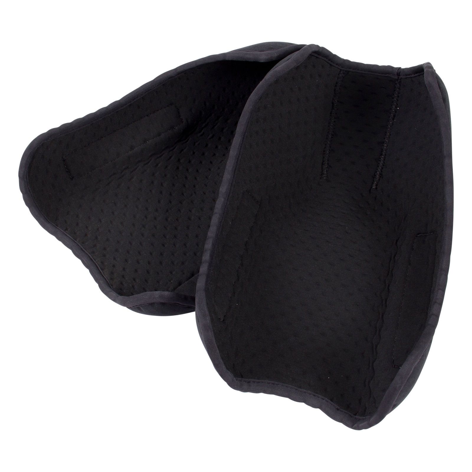 Schwarzes, gepolstertes Pad mit perforierter Oberfläche. Rechteckige Form mit abgerundeten Ecken. Klettverschluss sichtbar.