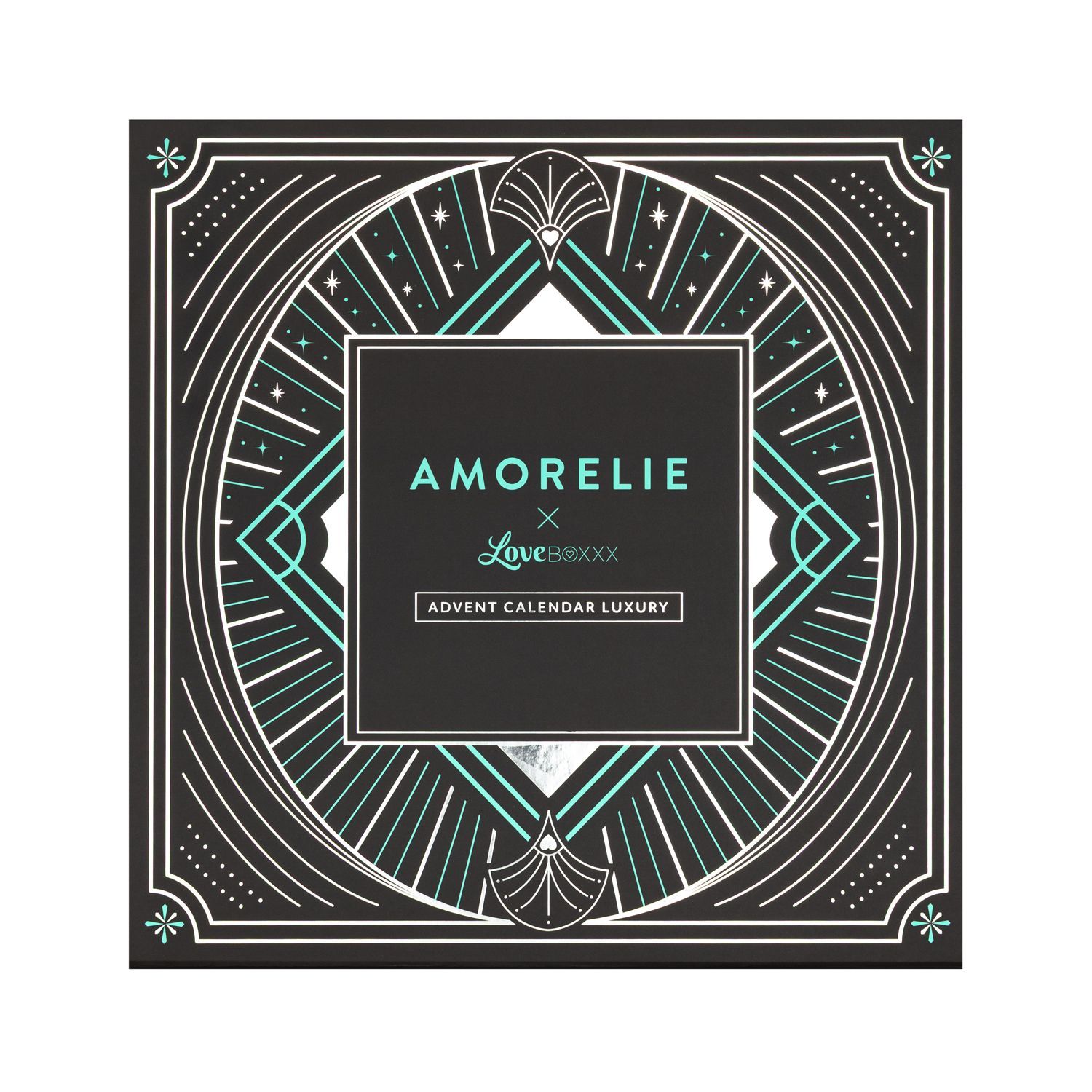 Adventskalender-Box, quadratisch, schwarz mit geometrischem Muster und AMORELIE-Logo. Text: ADVENT CALENDAR LUXURY.