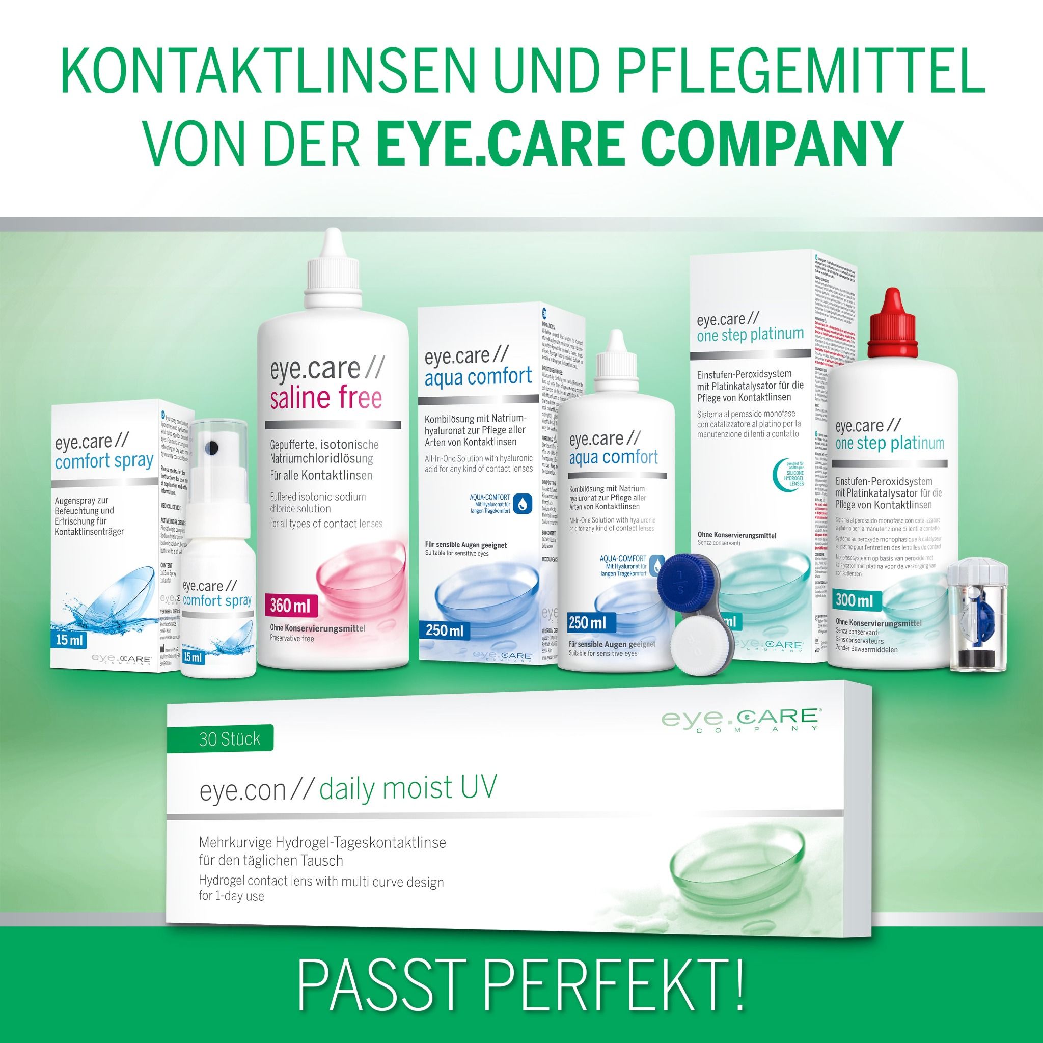 Produktübersicht der Eye.Care Company: Kontaktlinsen und Pflegemittel, inklusive eye.con // daily moist UV.