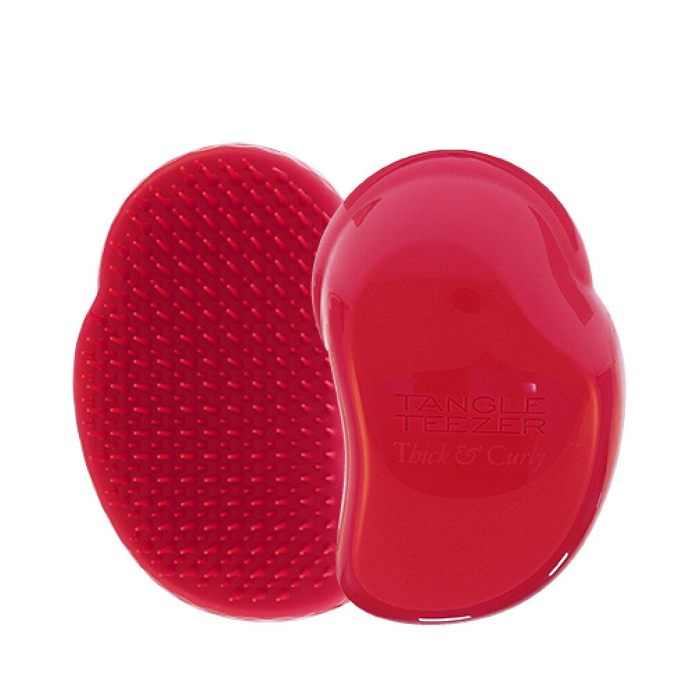 Zwei rote Tangle Teezer Bürsten. Ergonomisches Design mit Borsten. Für dickes und lockiges Haar.