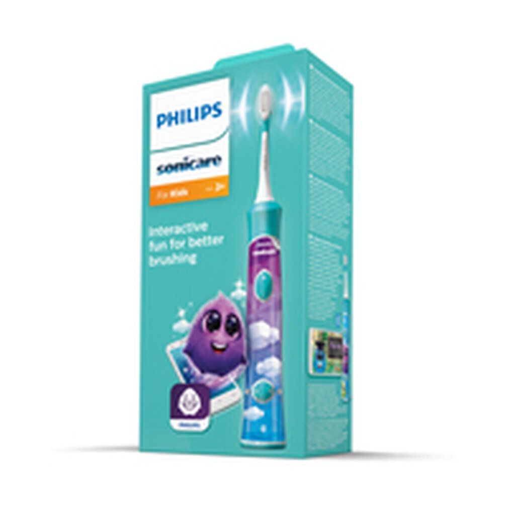 Verpackung der elektrischen Zahnbürste für Kinder. Philips Sonicare. Mit Zahnbürste und Zubehör.