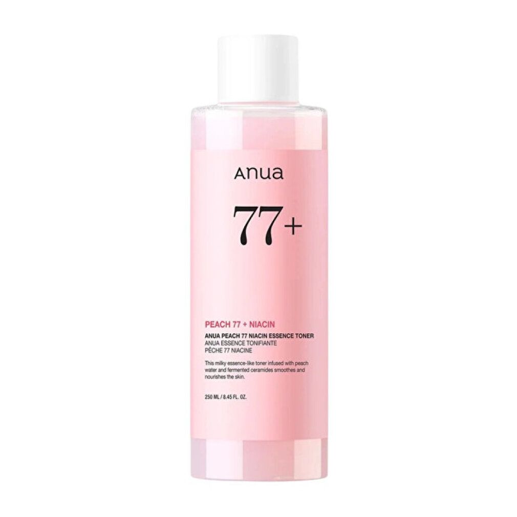 Anua Pfirsich 77+ Niacin Essence Toner in einer durchsichtigen Flasche mit weißem Deckel.