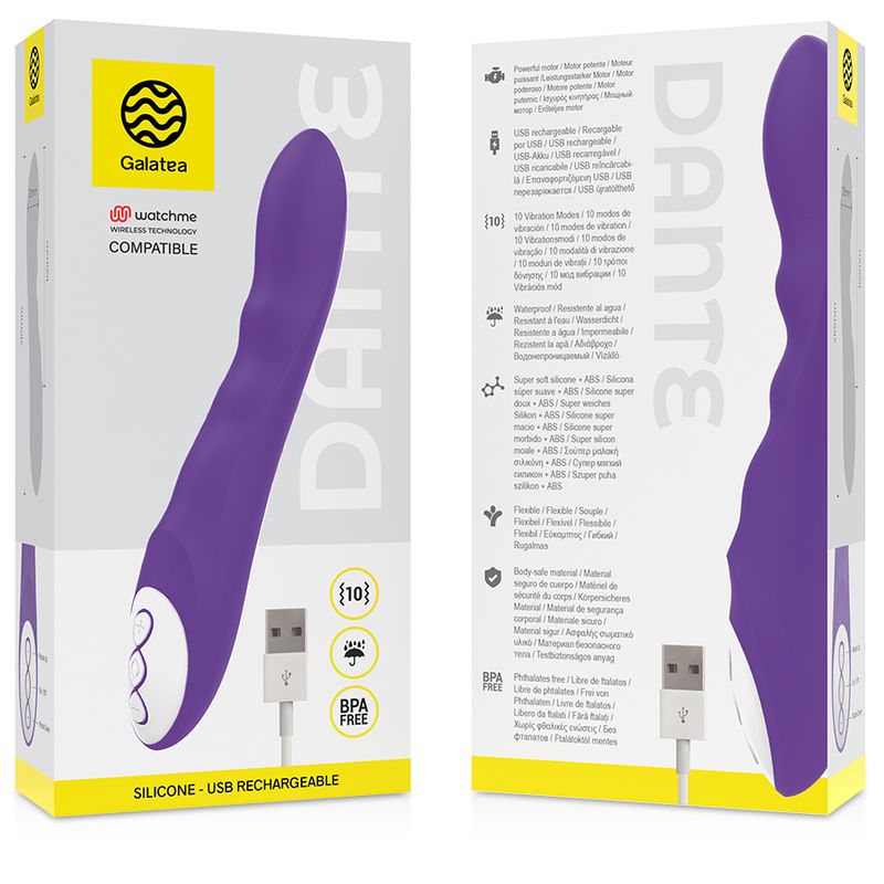 Lila Vibrator in Verpackung. Aufdrucke: Galatea, Dante, USB-Ladekabel, BPA-frei, Silikon, wasserdicht.