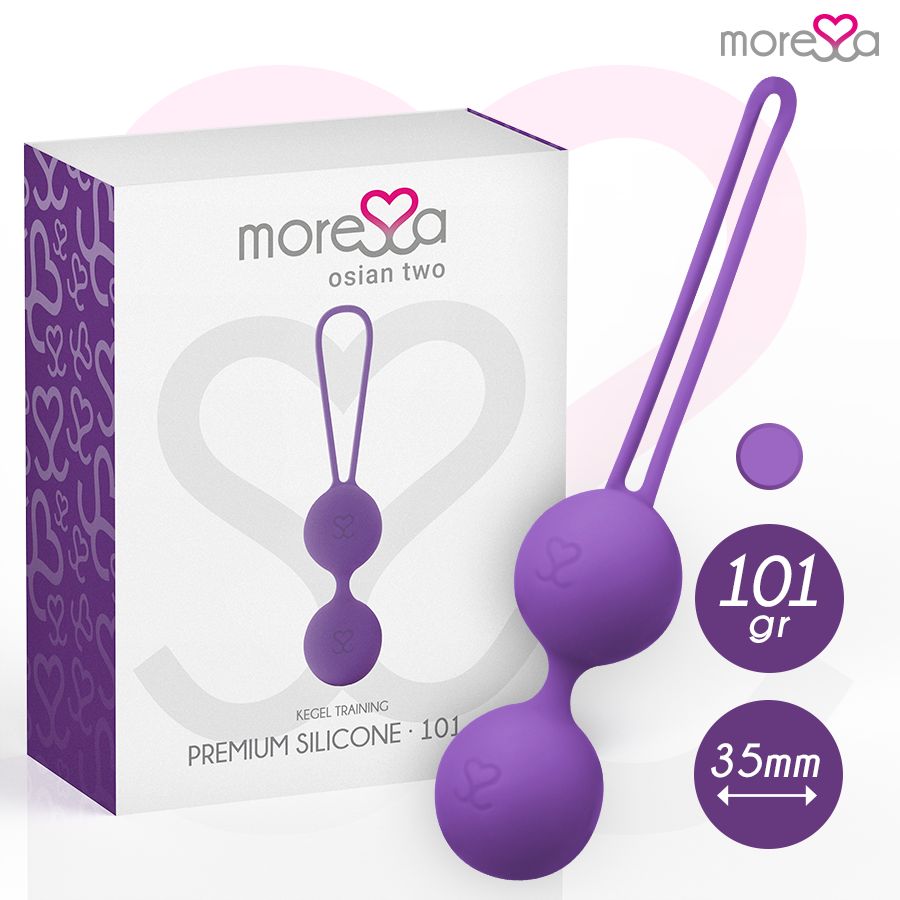 Verpackung mit lila Kegel-Kugel. Text: PREMIUM SILICONE, 101gr, 35mm. Marke: Moressa osian two.