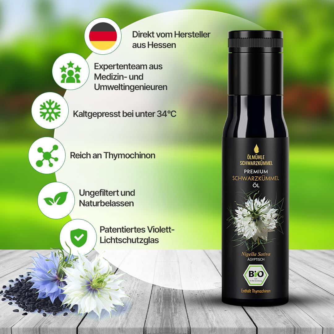 Schwarze Glasflasche mit Etikett, Bio-Siegel. Infografik mit Vorteilen: kaltgepresst, reich an Thymochinon, ungefiltert, patentiertes Violettglas.