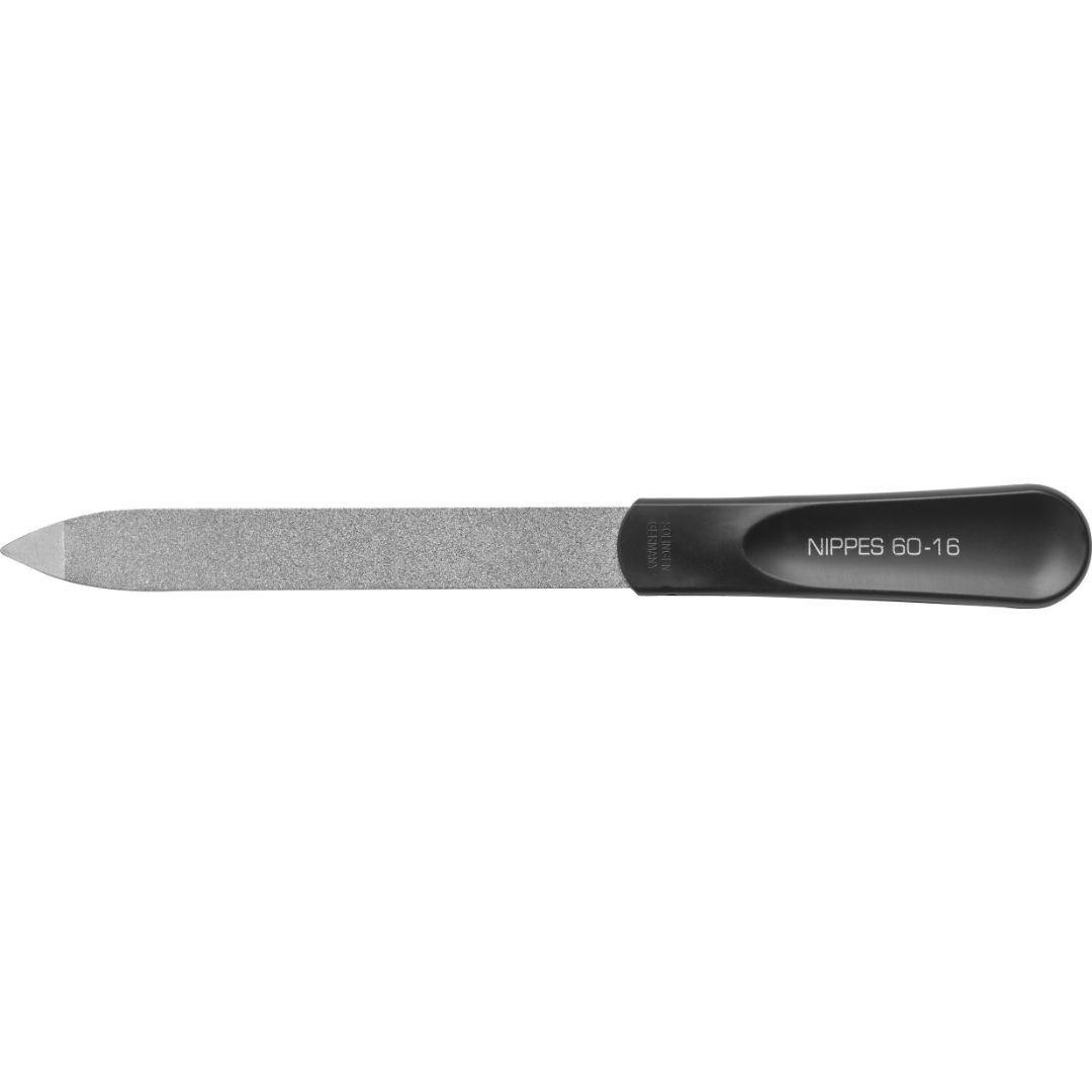 Diamantfeile, 16 cm lang, mit schwarzem Griff. Auf dem Griff steht "NIPPES 60-16". Die Feile hat eine silberne, raue Oberfläche.