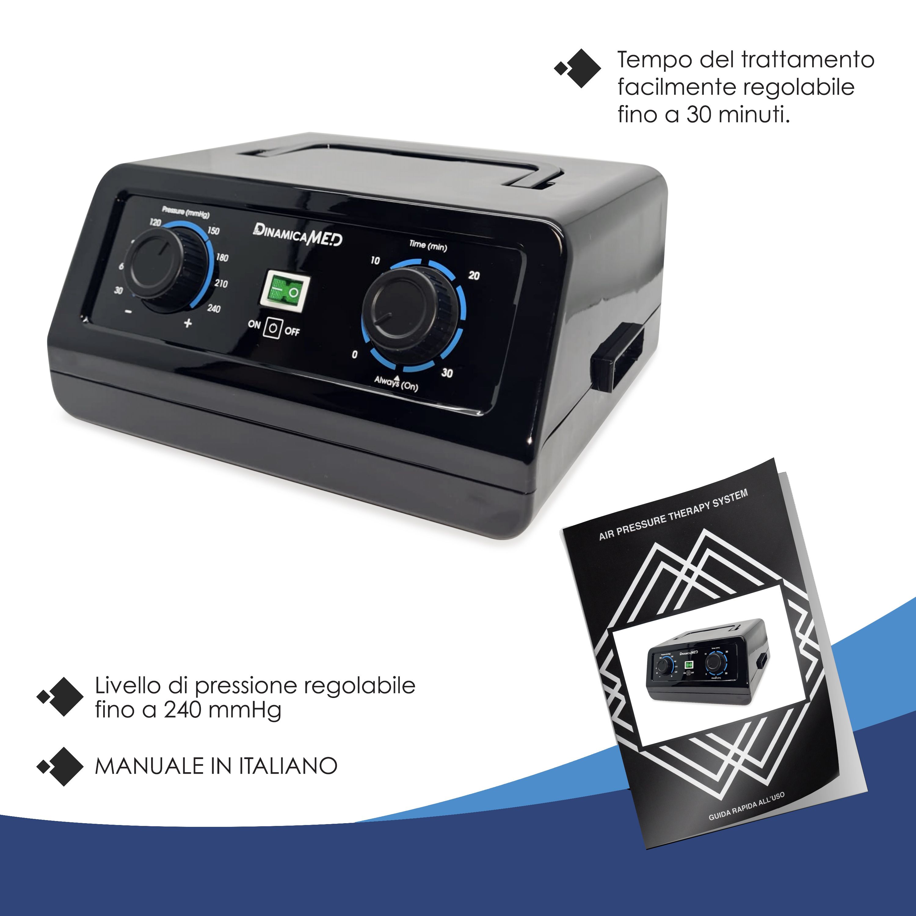 DinamicaMed® Gerät mit Bedienknöpfen, Display und Anleitung.