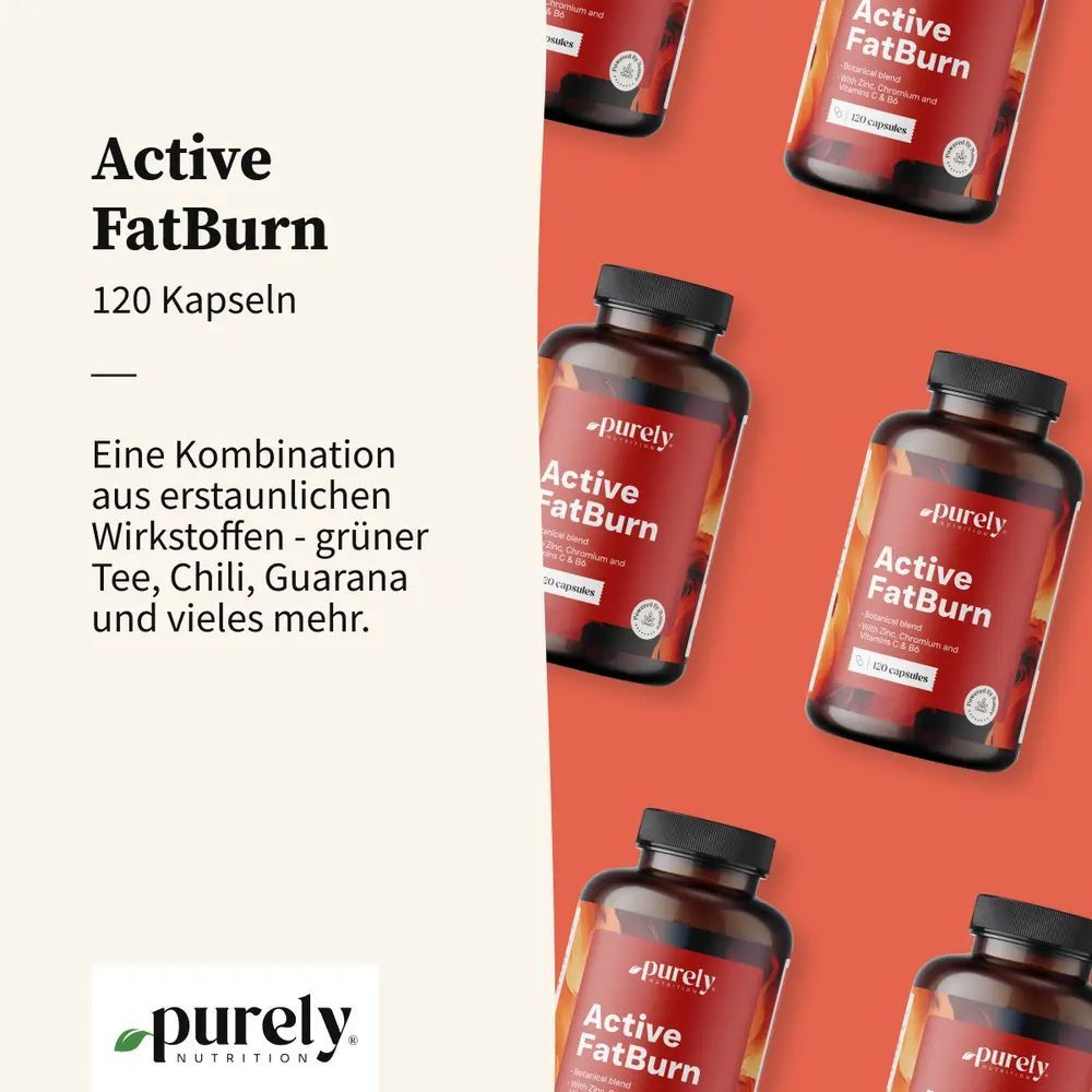 Mehrere Flaschen Active FatBurn auf rotem Hintergrund. Text: Eine Kombination aus erstaunlichen Wirkstoffen.