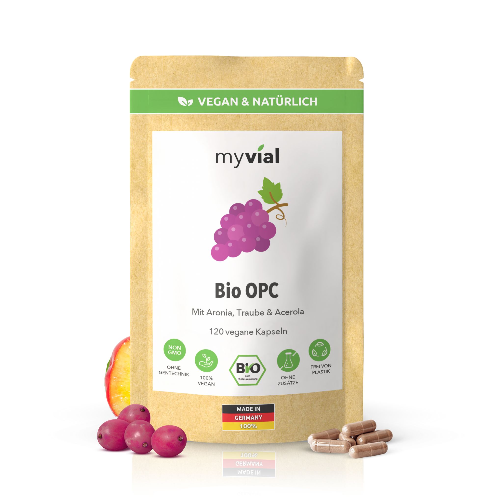 myvial® Bio OPC Kapseln - Traubenkern-, Aronia- & Acerolapulver - 800 mg hochdosiert