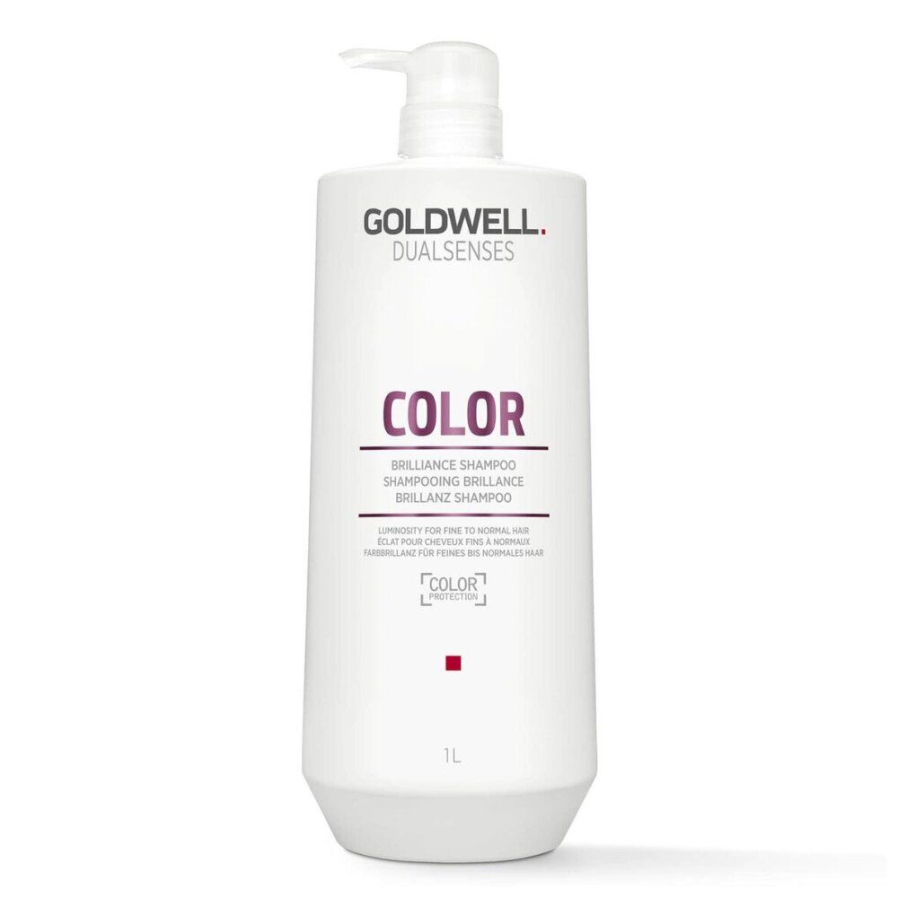 Weißer Shampoo-Behälter mit Pumpe. Text: GOLDWELL DUALSENSES COLOR. 1L.