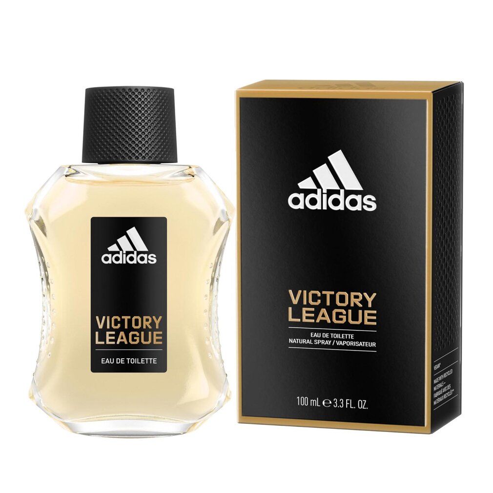 Flakon und Verpackung. Schwarze Verpackung mit Adidas-Logo und Schriftzug Victory League. Flakon mit schwarzem Deckel.