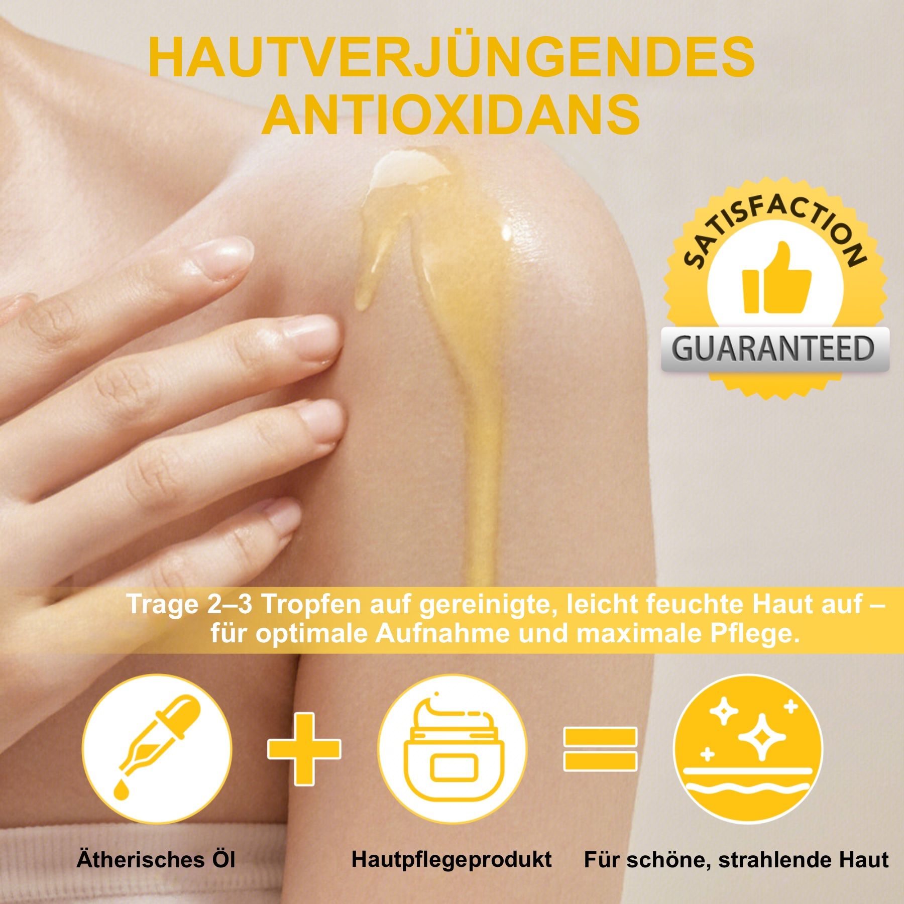 Illustration von Öl und Hautpflegeprodukt. Text über Anwendung.