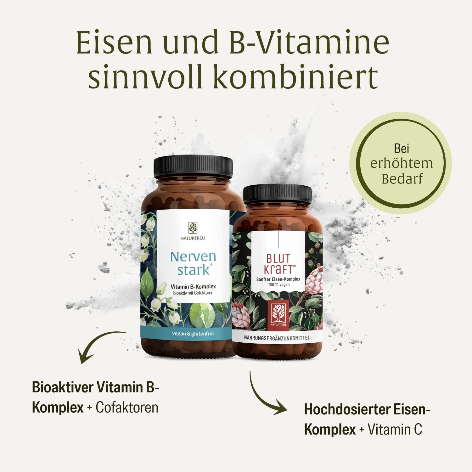 Zwei NATURTREU® Flaschen, umgeben von Partikeln. Text: Eisen und B-Vitamine sinnvoll kombiniert.