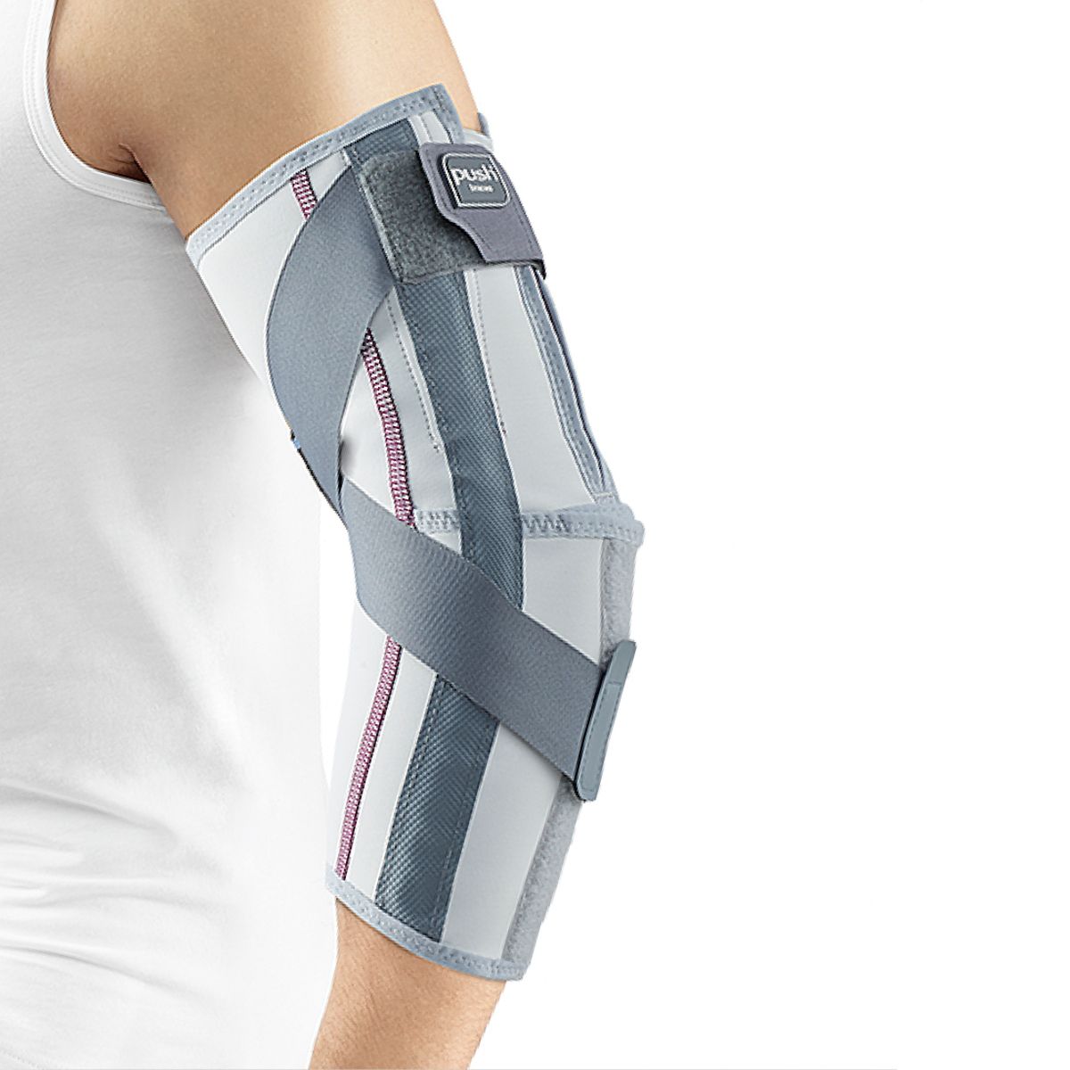 Ellenbogenbandage am Arm. Weiß, grau und weinrot. Klettverschluss. Kreuzgurte. Push med Logo. Für den Ellenbogen.