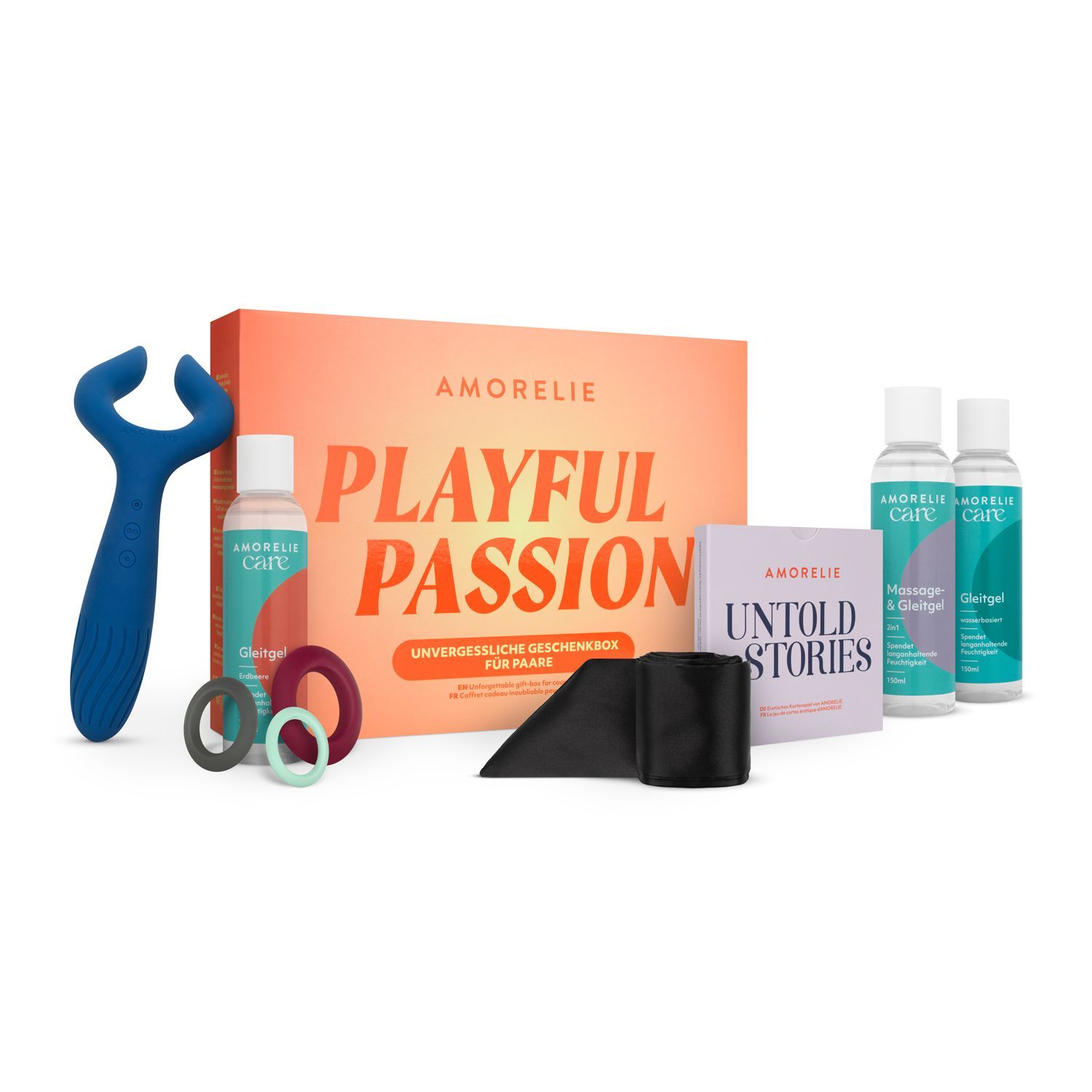Geschenkbox »Playful Passion« mit Vibrator, Gleitgel, Ringe und Zubehör. Verpackung mit Schriftzug AMORELIE.